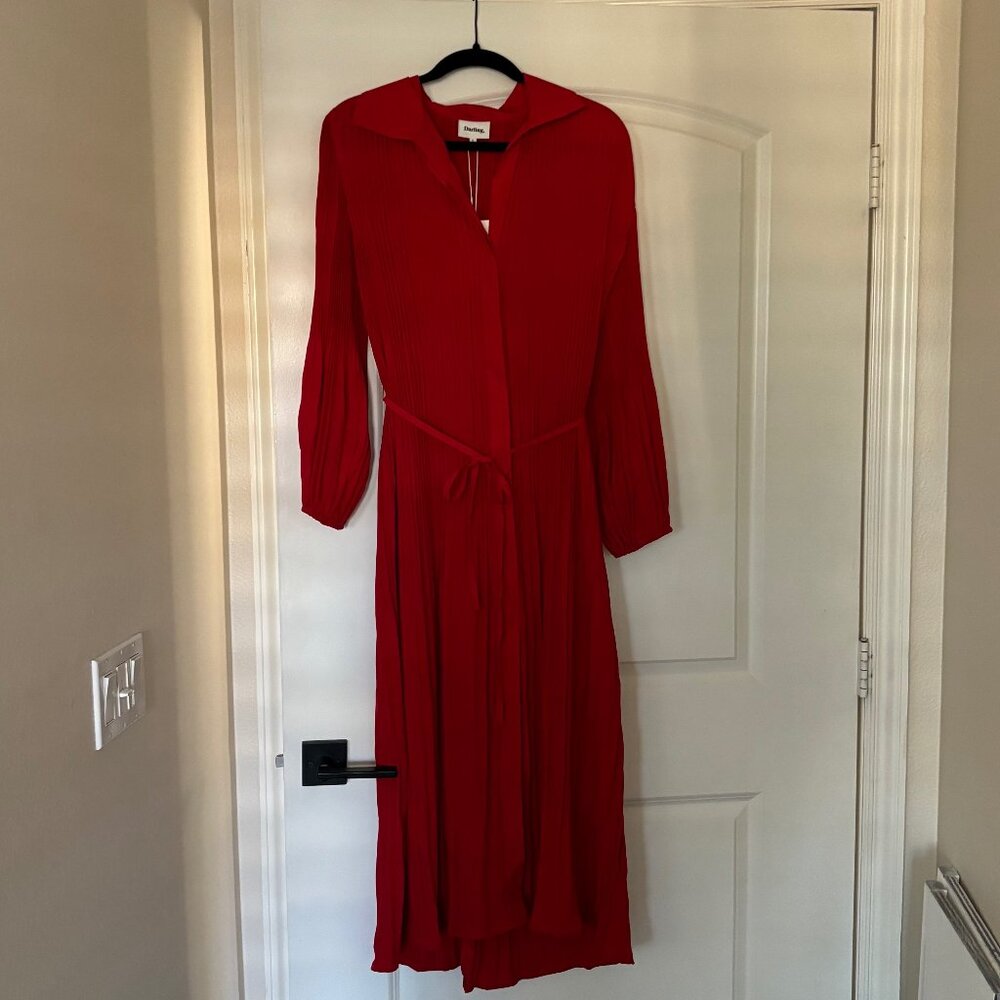 Red Long Sleeve, Collared, Button Down Dress with Belt, Size S